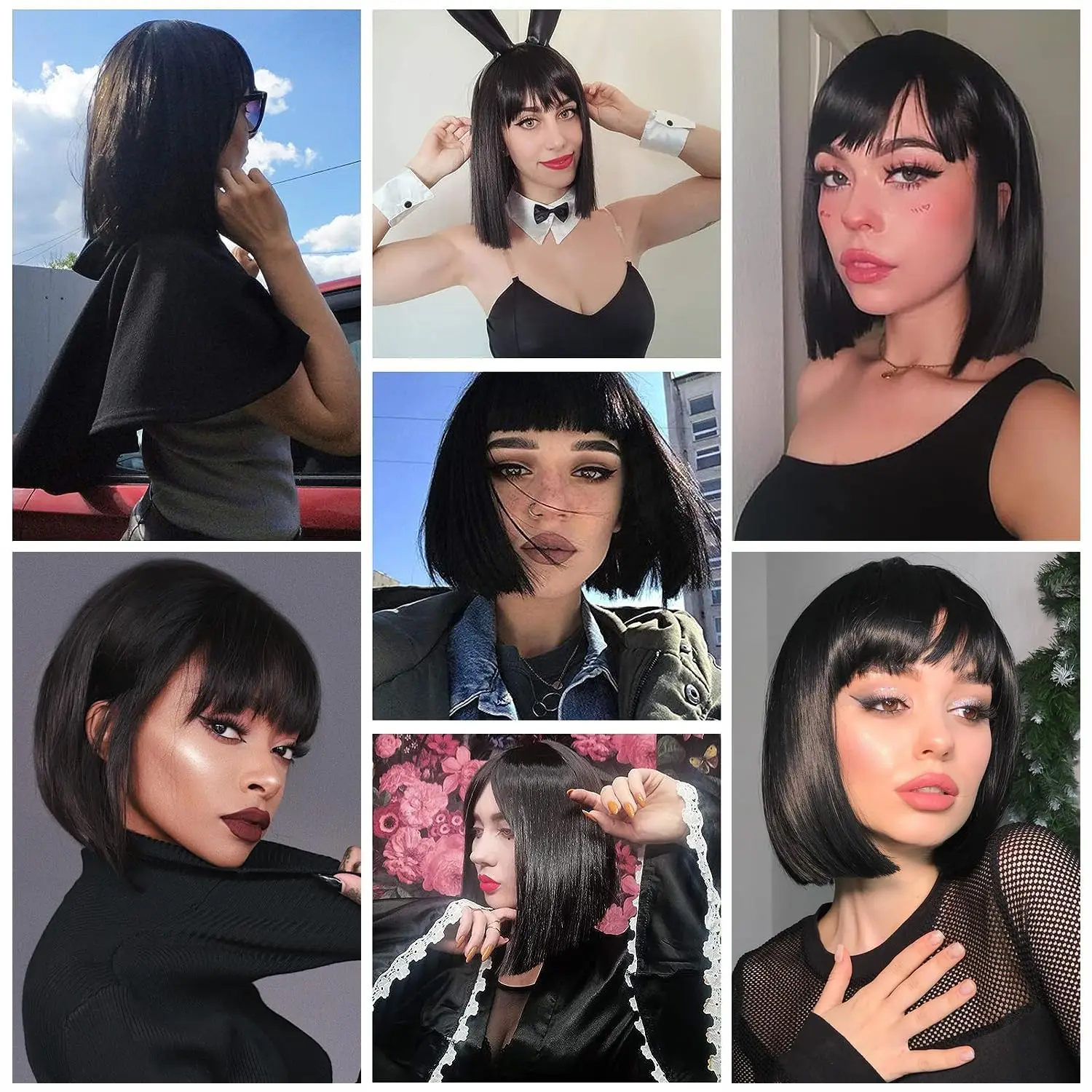 Black Bob wig with bangs, black short wig suitable for women's wigs, heat-resistant synthetic wig, 12 inches for daily party use image 5