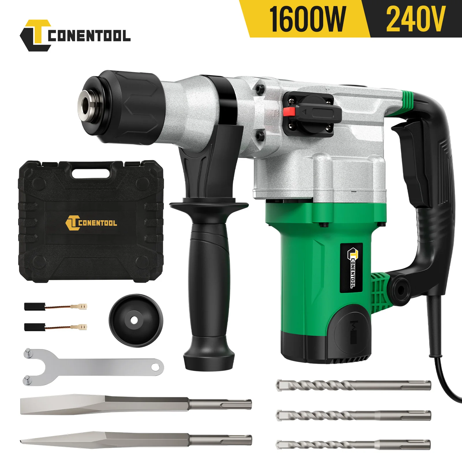 CONENTOOL Electric Rotary Hammer Drill, SDS Plus,  360 Rotating Handle, Chisel & 5 Drill Bits Included