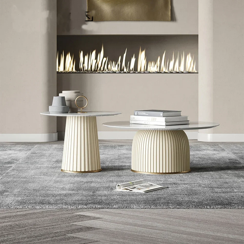 #Modern luxury white sintered stone gold stainless steel round coffee table set tea table sets living room furniture design