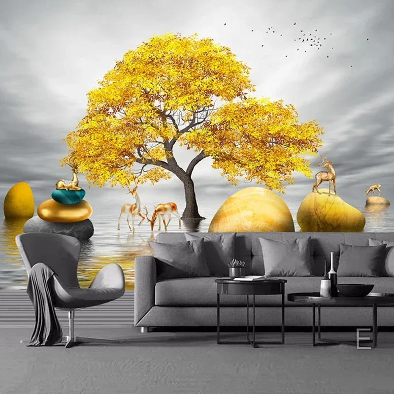 Custom 3D Wall Murals Wallpaper Golden Big Tree Elk Decor Painting Modern Creative Study Living Room Sofa Bedroom Photo Mural
