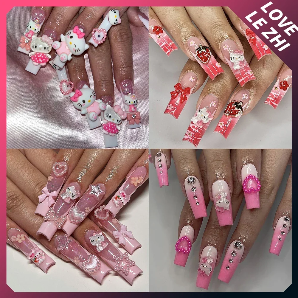 

Y2K Handmade Spice Girl Style Pink Full Cover Reusable Fake Nail Sanriod Hello Kitty Duckbill Xl Long Coffin Press On Nail Tips