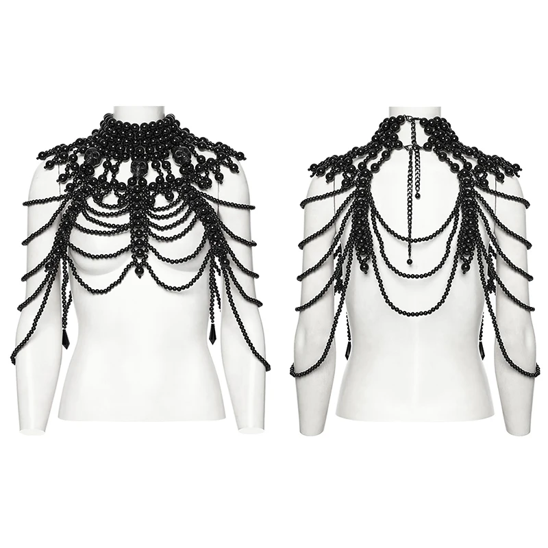 PUNK RAVE Women Gothic Black Resin Skull Beaded Neck Harness Multi Layer Tassel Shoulder Cape Accessory WS739