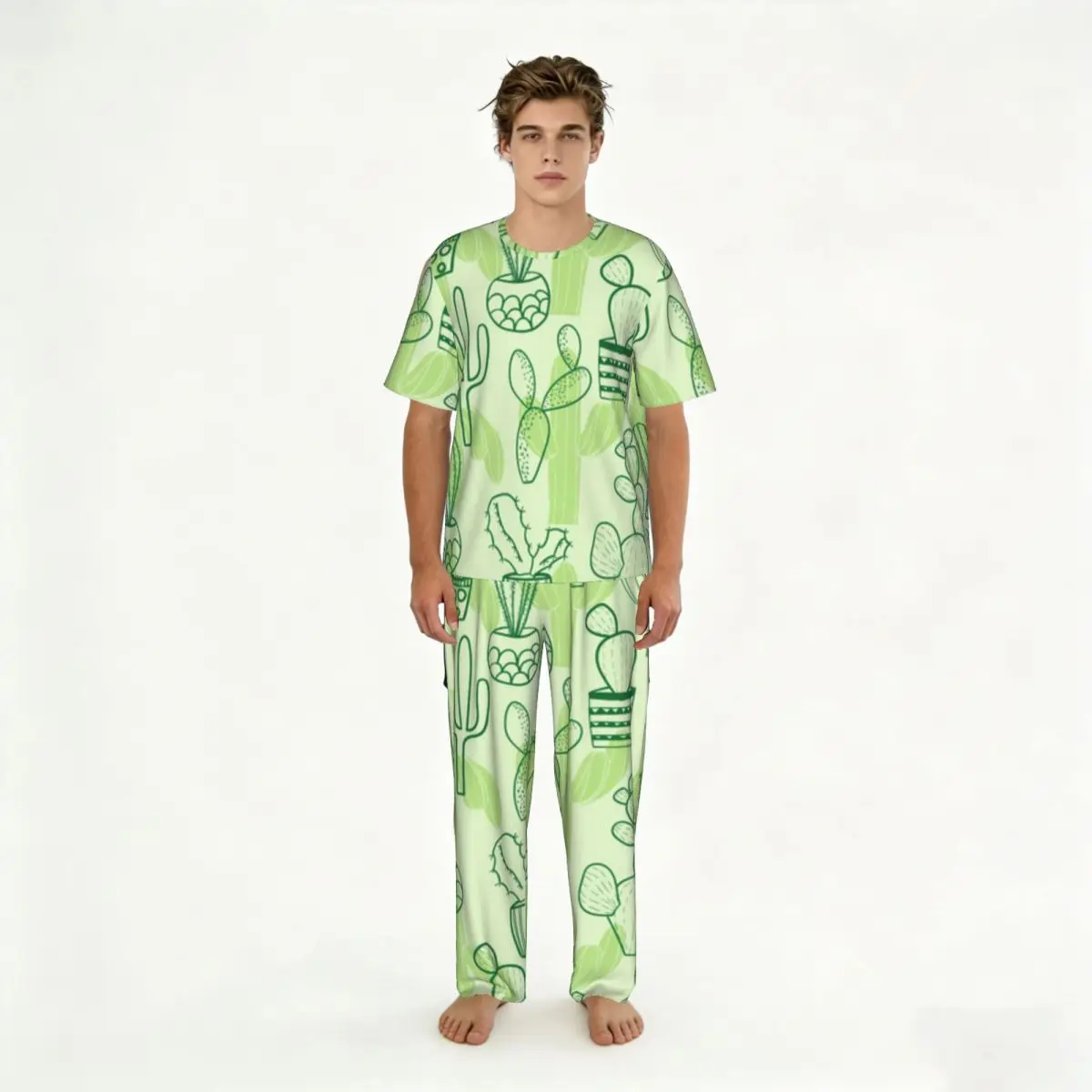 Men Pajamas Suit Short Sleeved Long Pants Cactus Pattern Sleepwear Summer Home Clothing Set