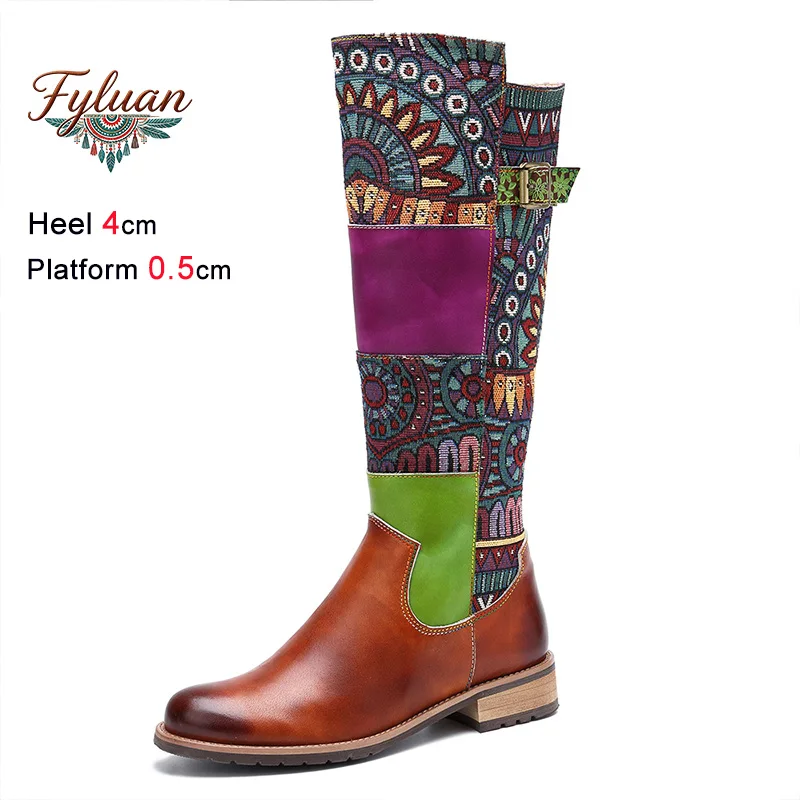 

Women 4CM Thick Heeled Color blocked Retro Casual Tall Boots Model T Show Shoes 2026 New Cow Leather Knee-high Boots For Woman
