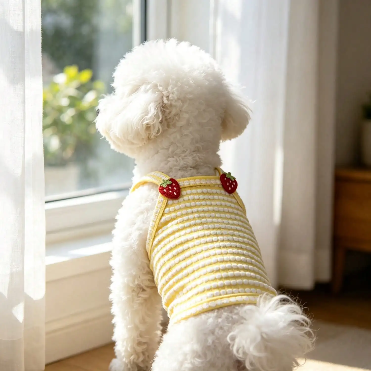 1 Stück gestreiftes Strick-Hundetanktop mit 3D-Frucht-Blumen-Ornament, atmungsaktive Welpenweste für kleine Hunde – Detail 26