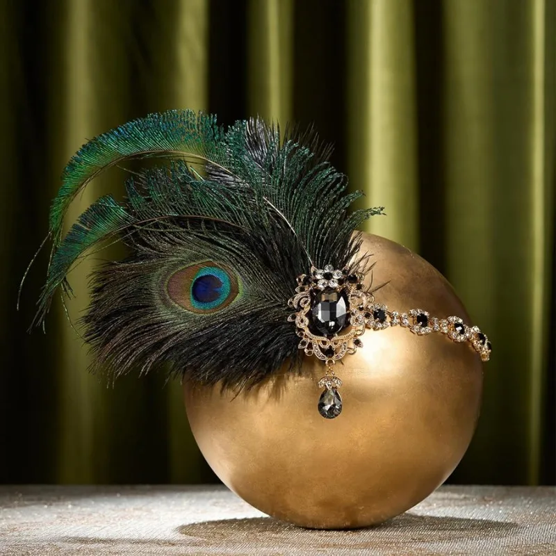 1920s Flapper Peacock Feather Headband Roaring 20s Showgirl Hair band Great Gatsby Hair Accessories 머리띠 резинки для волос 헤어밴드