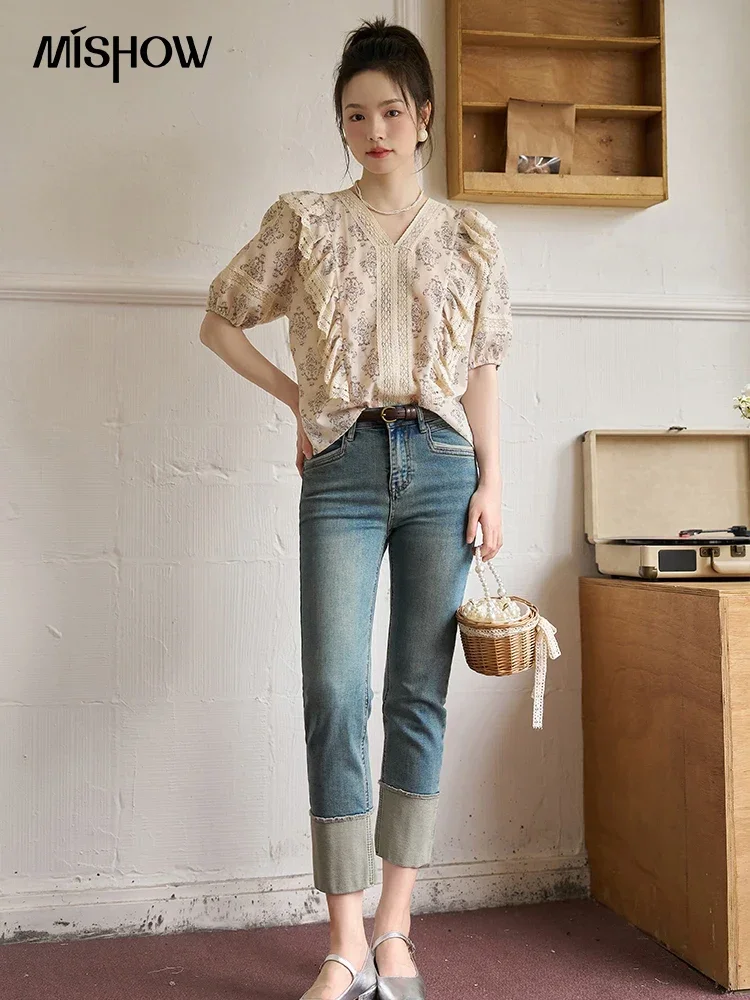 MISHOW Lace Ruffled V-neck Blouses for Women Summer Floral Puff Sleeve Pullover Female Chiffon Tops Office Lady MXC35X0068