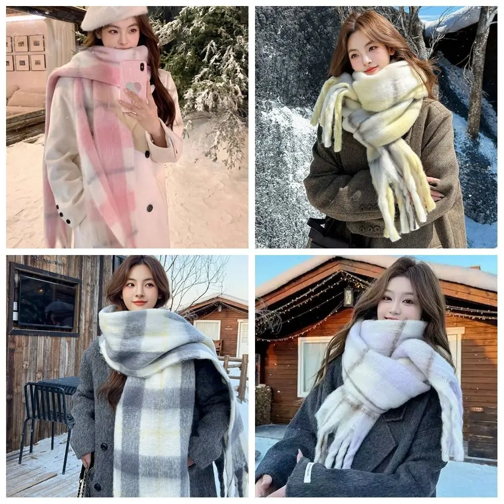 

Темпераментный клетчатый шерстяной шарф с кисточками, холодостойкий утолщенный зимний кашемировый шарф, элегантный корейский стиль, женская шаль, осень