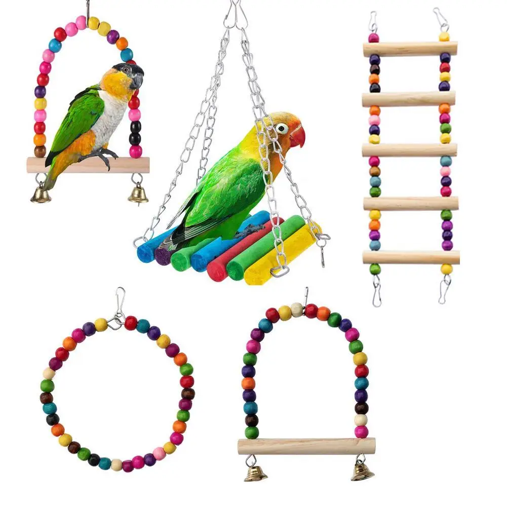 Wood Parrot Bird Chew Toy Cotton Rope Bite Bridge Birds Tearing Toys Cockatiels Training Hang Swings Cage Supplies Accessories