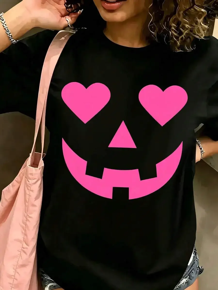 Pink Heart Eye Pumpkin Face Women Graphic Print Crew Neck Short Sleeve T‑Shirt, Curve Loose Fit Casual Basic Tee Free Shipping