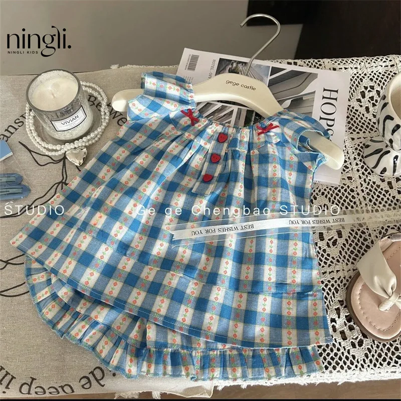 

Girls Suit New2024Summer Baby Girl Plaid Summer Two-Piece Blue Plaid Fashion Girl