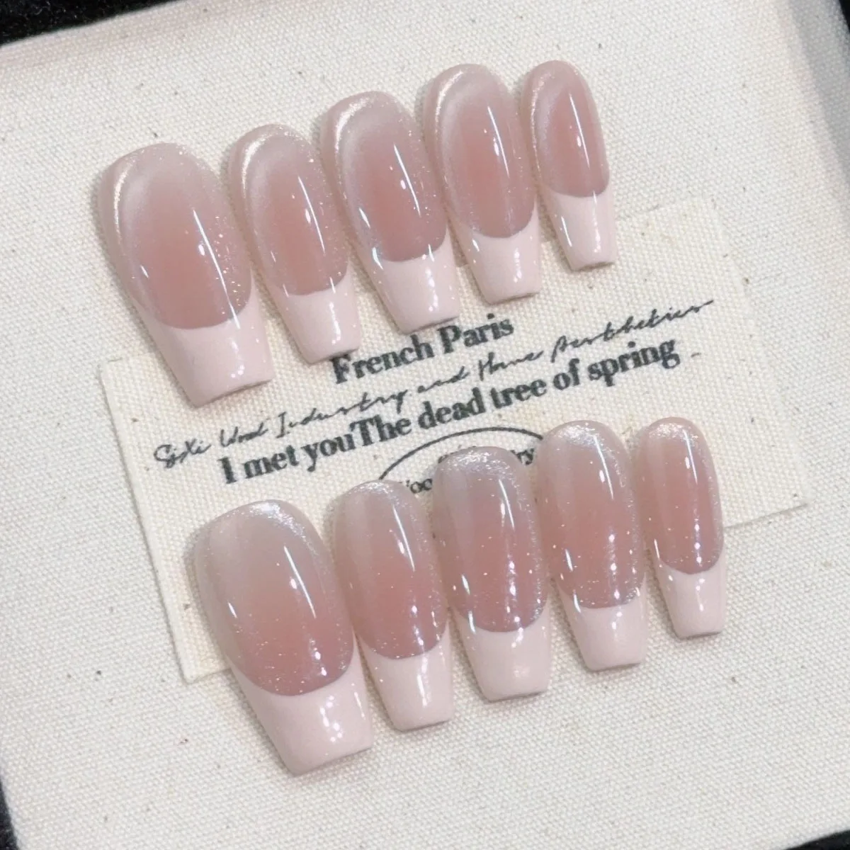 10pcs Handmade Press on Nails Medium-Length Ladder Pink Edge French Cat Eye Flash Full Coverage Nail Pieces for Women&Girl