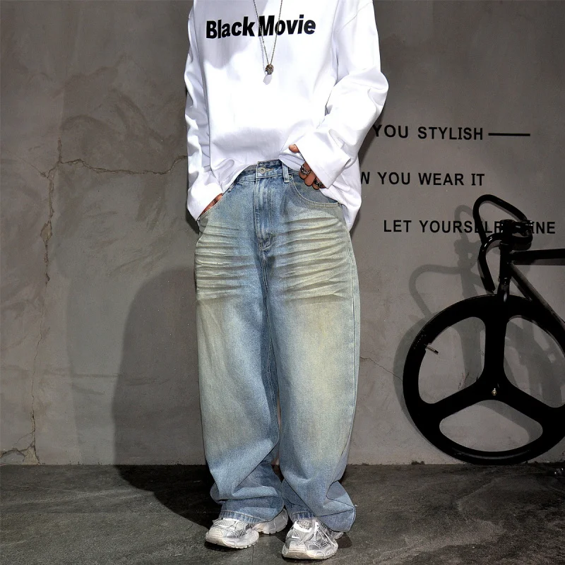 

2026 Spring New Men's American Retro Vintage Blue Loose Straight Jeans Casual Wide Leg All-match Denim Pants