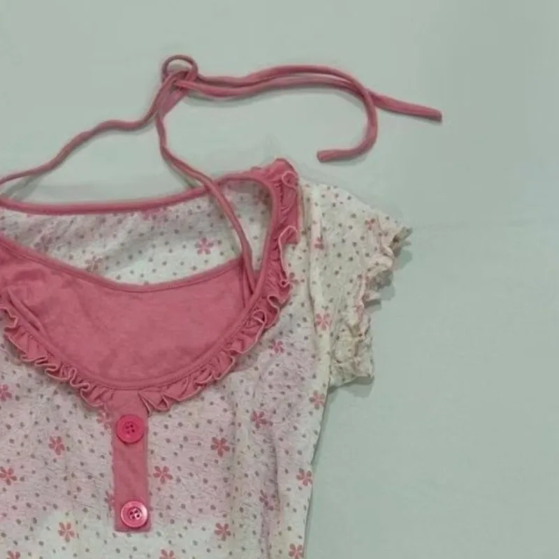 Harajuku Hottie Fake Two T-shirt American Subculture Floral Print Tshirts Vintage Ruffled Patchwork Tees Women's Sweet Slim Tops