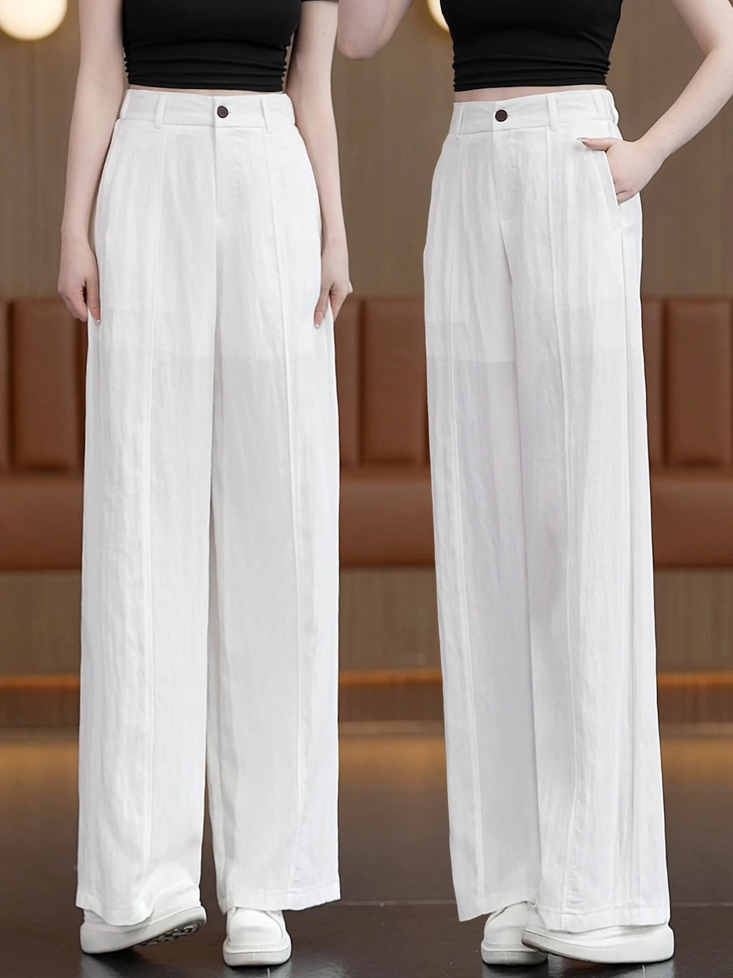 

White Linen Wide Leg Pants Women Summer Thin High Waist Loose Casual Ice Silk Straight Leg Trousers Dreamy Elegant Casual Style