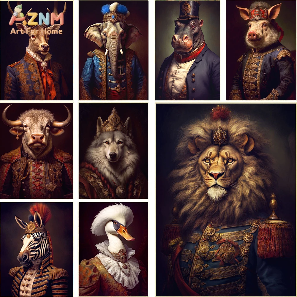 

AZNM Vintage Royal Aristocratic Animal Portrait Canvas Wall Art, Frameless Renaissance Style Lion Deer Elephant Gentleman Print,