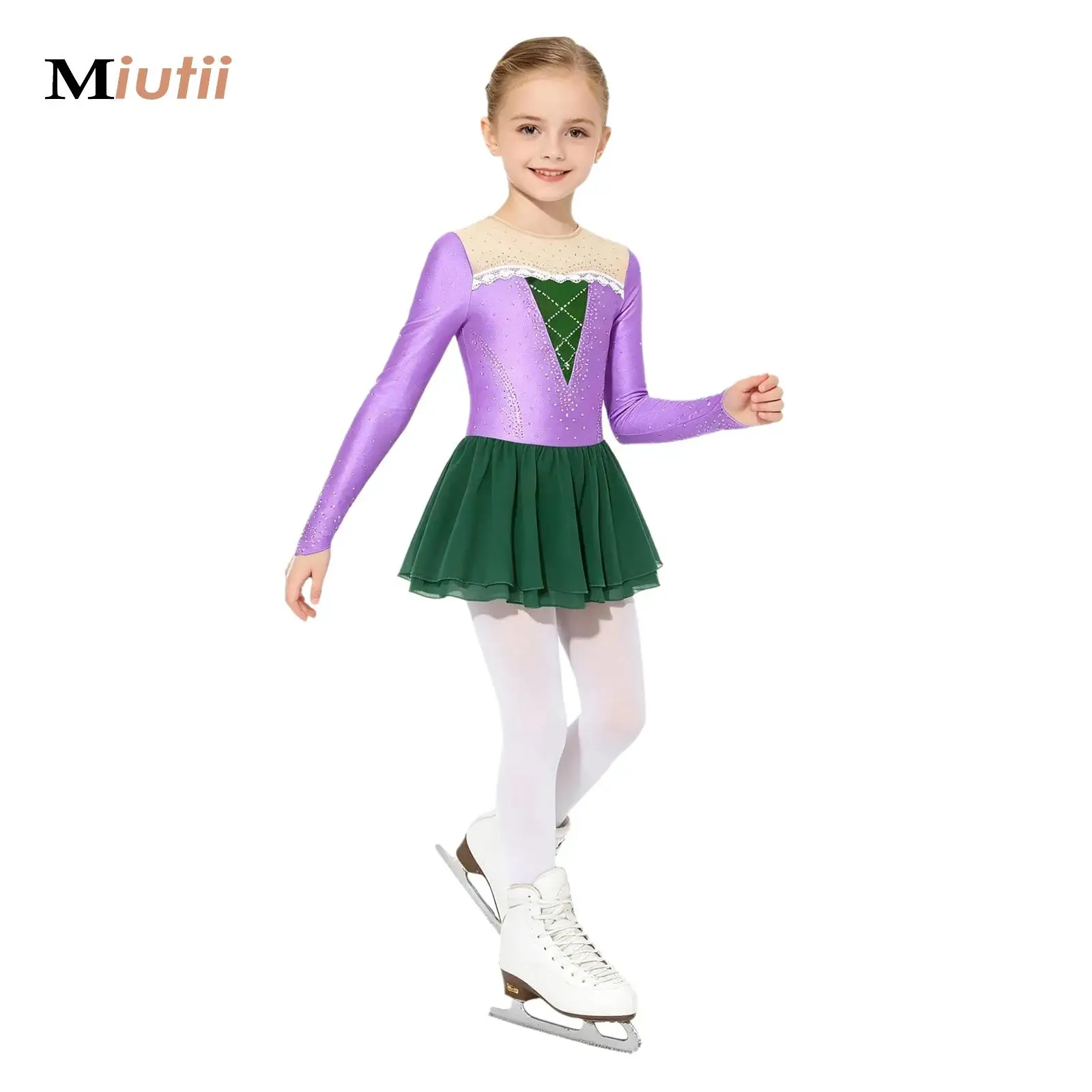 

Kids Girls Lace Decor Ballet Dance Dress Figure Ice Skating Skirted Leotard Rhinestone Ballet Gymnastics Competition Dancewear
