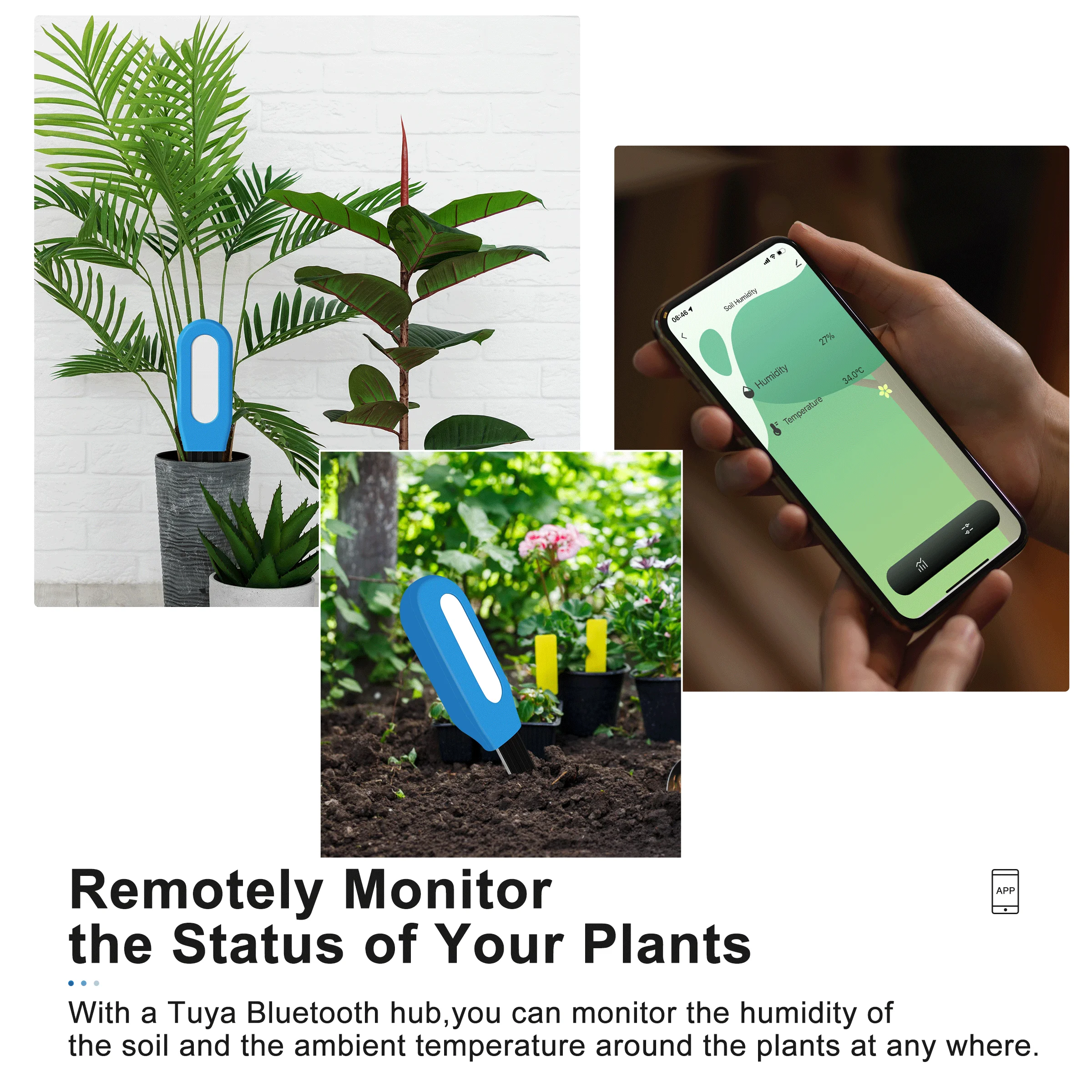 GIRIER Smart Bluetooth Soil Moisture Meter Temperature and Humidity Sensor for Greenhouse Garden Plant Supports Alexa Hey Google