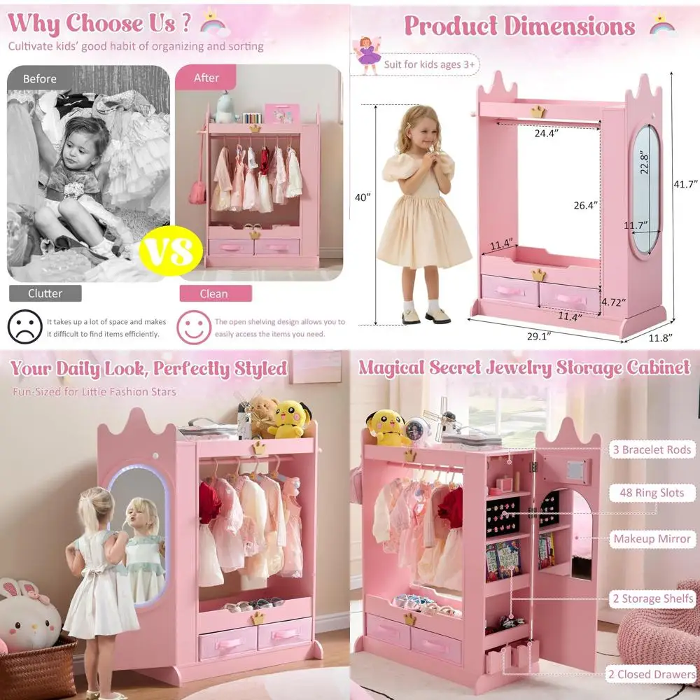 

Детский шкаф-гардероб с зеркалом и полками, розовый, для спальни или игровой комнаты девочек