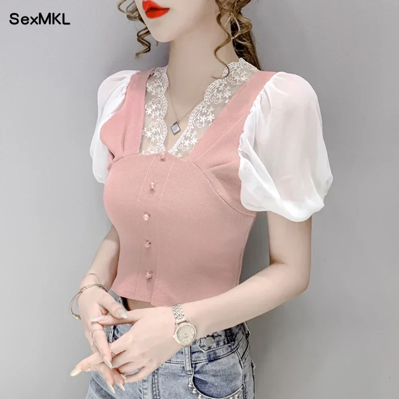 Women Sexy Crop Tops Summer 2024 Fashion Lace Pathwork V Neck Blusas Mujer Slim Casual Puff Sleeve Black White Corset Blouses