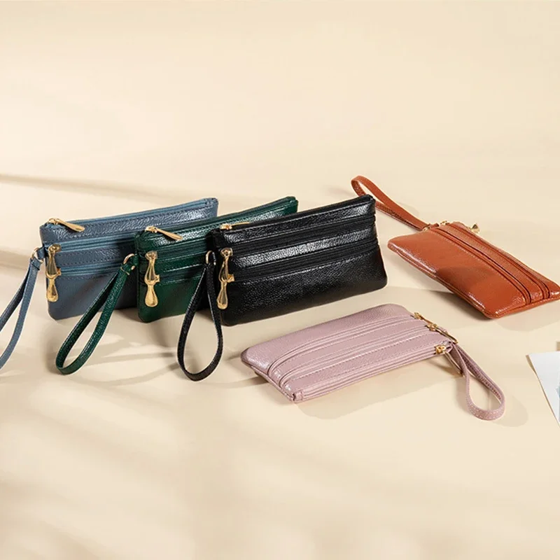 Fashion Three Zipper Women's Leather Wallets Large Capacity Solid Color Female Purse Clutch Hand Bag Soft Leather Ladies Wallet