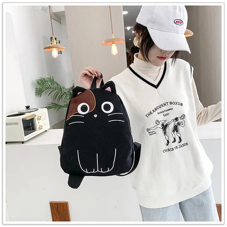 Kawaii Cat Cartoon Canvas Backpack New Korean Style Student Schoolbag Funny Large Capacity Outdoor Travel Bag Creative Cute Gift