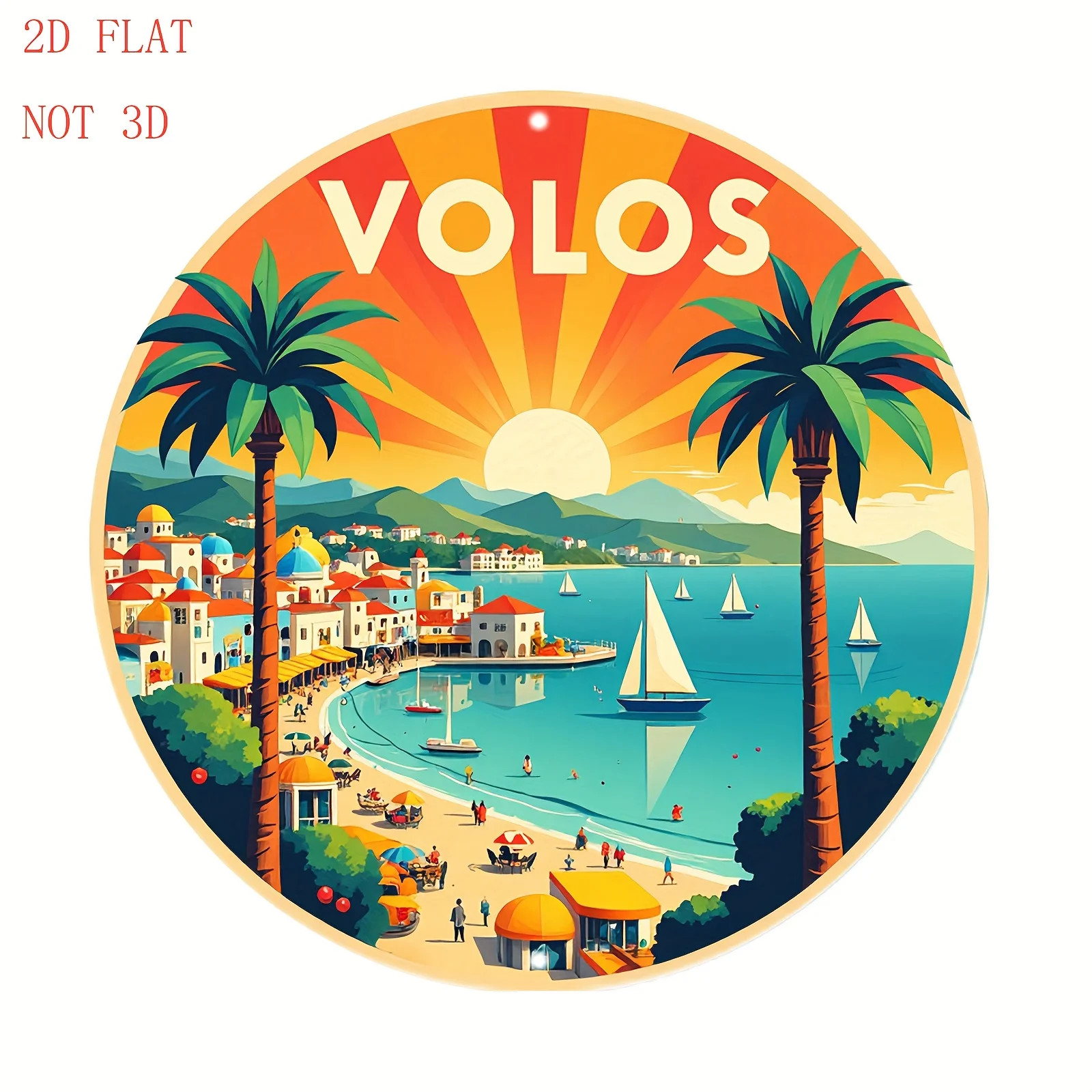 2D Flat, 1pc Greek Mediterranean Volos Beach Sunset Metal Wall Art - 8-Inch Round Coastal Decor with Sailboat, Palm Trees, and 