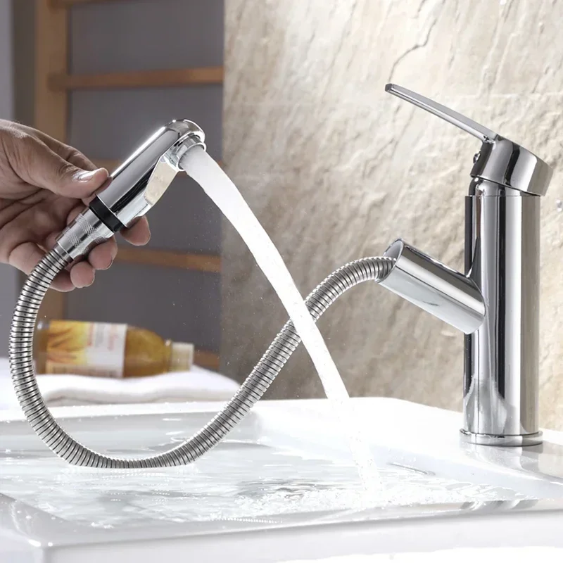 The New Pull-out Faucet Is Suitable for Kitchen and Bathroom Stainless Steel Chrome Cold and Hot Faucets for Easy Installation