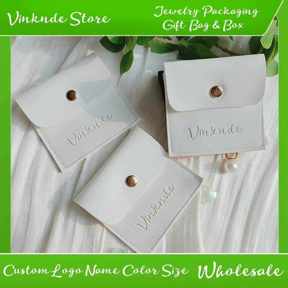 

Fashion Jewelry Packaging Bags Custom Logo Necklace Ring Earring Bag Snap Button Envelope Flip Leather PU Wedding Gift Pouches