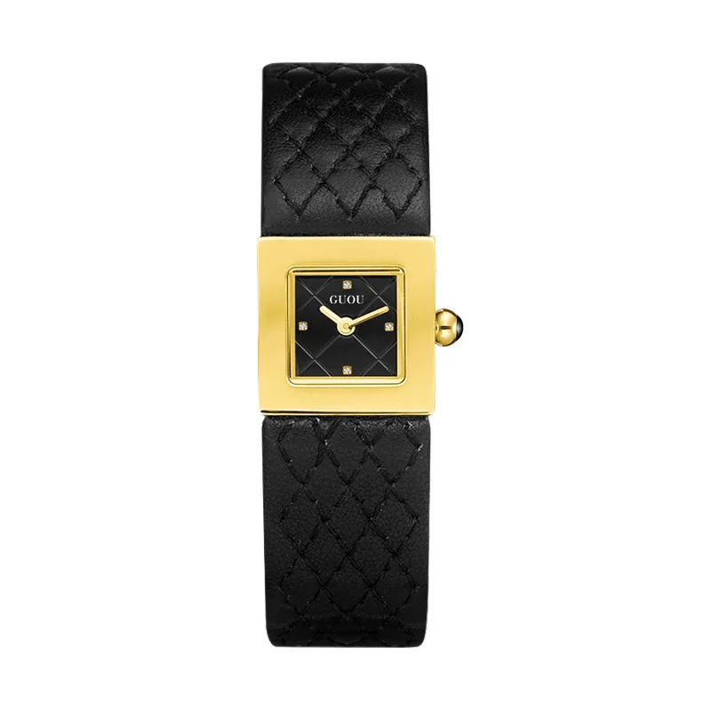 GUOU Women Quartz Watch Luxury Clock Fashion Vintage Orologio Retro Classic Black Gold Square Reloj Ladies Leather Wristwatch