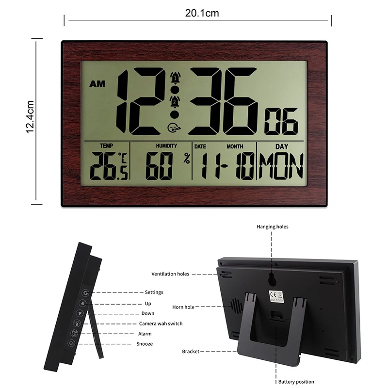 Wielofunkcyjny duży wyświetlacz LCD cyfrowy budzik z termometrem higrometr zegar ścienny Home Decoration Reloj de pared