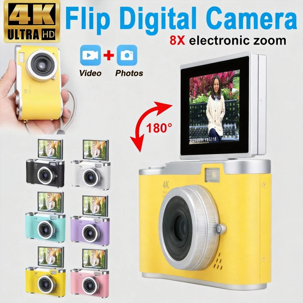 

4K CCD Digital Camera, 48MP 8X Digital Zoom, 180° Flip Screen Selfie Camera, Compact Photography Camera for Students