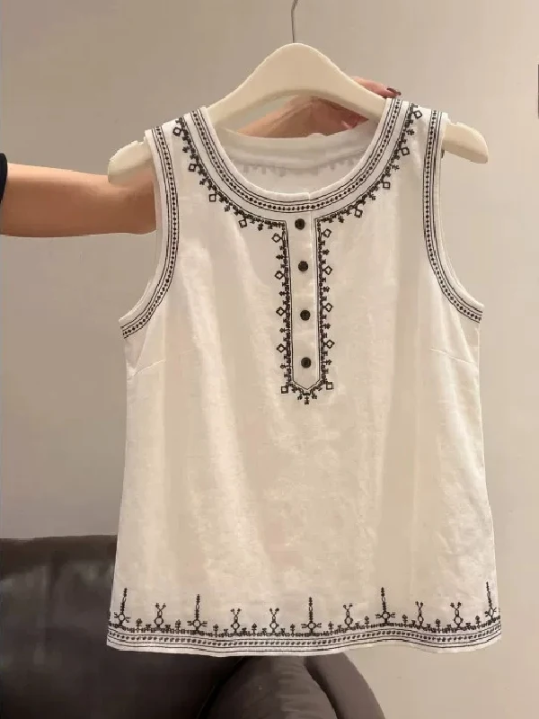 

plus Size Women's Vintage Heavy Embroidery round Neck Strapless Vest Summer Unique Small Audience Sleeveless Top Cotton 100%