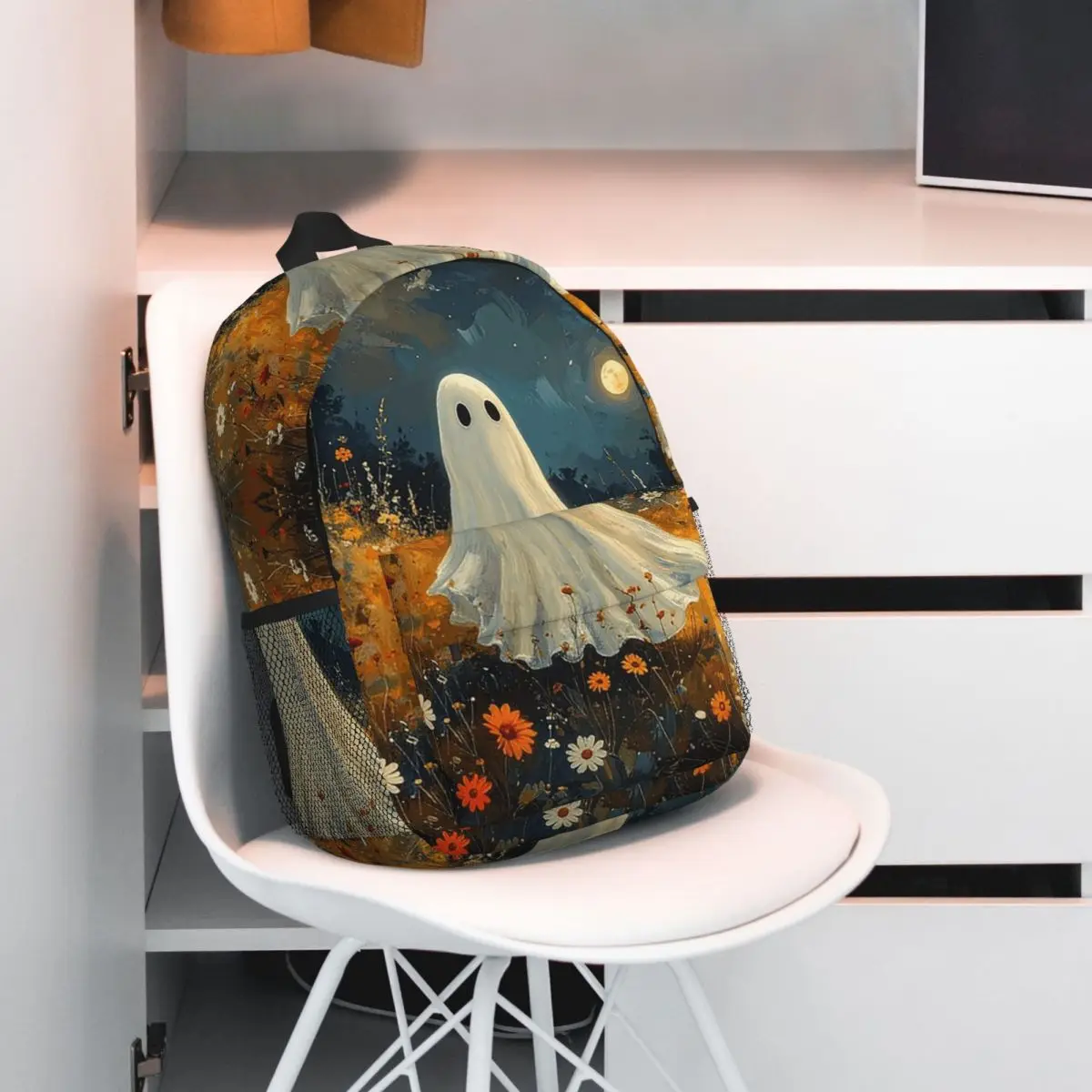 Cute Ghost Surrounded By Wild Flowers Backpack Student BookBag Children School Bag Laptop Shoulder Bags for Boys Girls