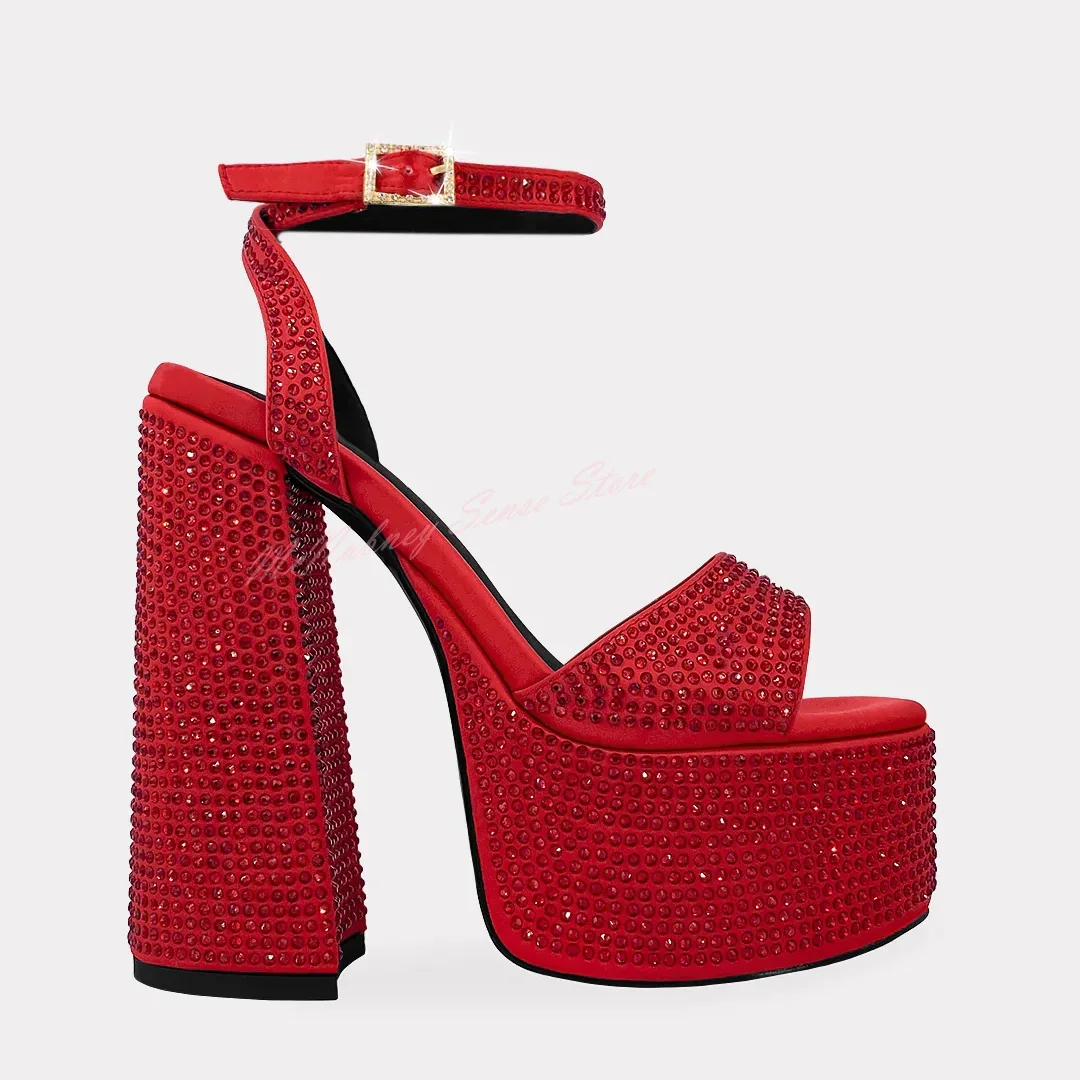 Stud Crystal Solid Sandals Thick High Heels Open Toe Platform Bling Sandals Buckles Straps New Style Big Size Women Sexy Shoes