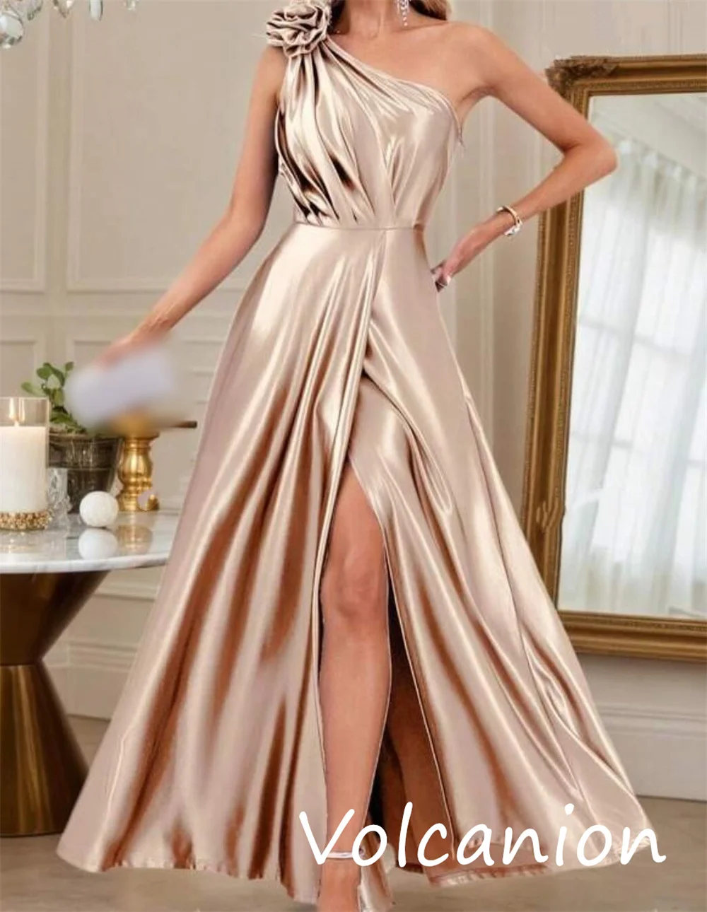 Abiti midi monospalla a trapezio con pieghe a fiori in charmeuse di moda formale personalizzati Occasioni su misura squisite