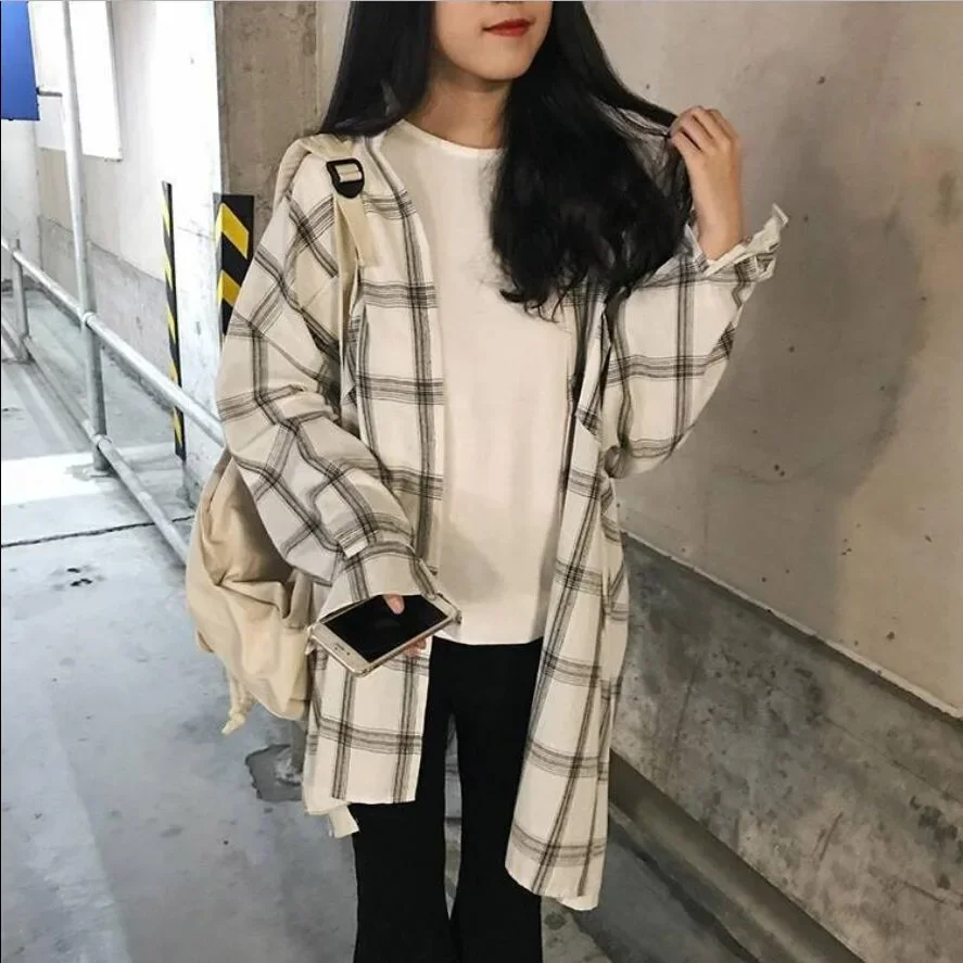 Blouses Women Classic Long Plaid Vintage Simple Student Korean Style Womens Shirts All-match Casual Soft Harajuku Fashion Daily