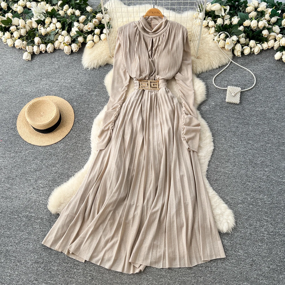 Chic vintage long sleeve pleated Elegant Fairy office lady hotsweet Sundress women clothing A-line dress
