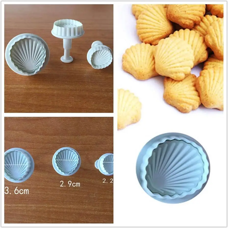 3 Pcs Fondant Cake Decorating Plunger Cutter Shell Shape Tools Mold Cookies Mold Sea Shell Shape Cookie Cutter