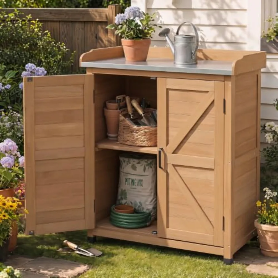 Outdoor Potting Bench with Storage Cabinet and Metal Top, Wood Workstation for Outdoor Patio, Garden,x39''