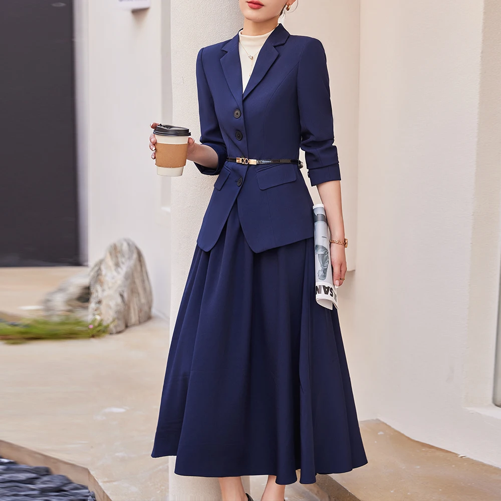 Two-Piece Office Suit Set for Lady, Belt Blazers, A-Line, Mid-Length Skirt, Commuter Temperament Suit, Casual, Spring, Autumn