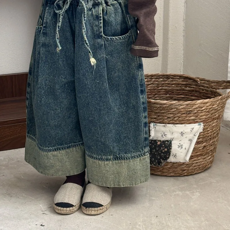 

Childrens Pants 2025 Autumn New Cotton Denim Wide Leg Flared Cropped Pants Fashionable Daily Wear
