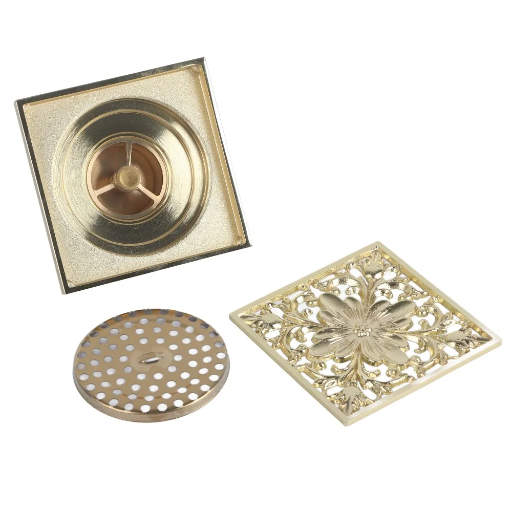 Brass Floor Drain With Strainer Square Shower Drain Cover 10 x 10cm/3.94 x 3.94in Gold Color Deep Drainage Cover Bathroom