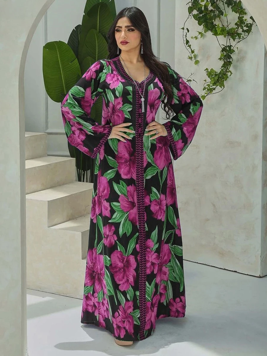 

Dresses for Women 2024 Muslim Ethnic Floral Print New Abaya Diamonds Long Sleeve Maxi Dress Djellaba Marocaine