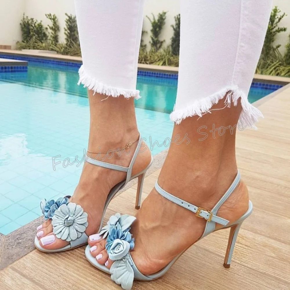 

Blue Flower Decor Ankle Buckle Sandals Open Toe Stilettos High Heels High Heel Shoes for Women Heels 2025 New Zapatos Para Mujer