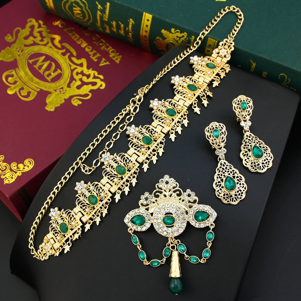 Sunspicems Gold Color Algeria Women Hair Chain Set Crown Crystal Bride Wedding Jewelry Tiaras Elegent Morocco Hair Accessories