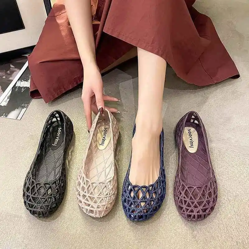 

Summer 2026 New Women's Flat Bottom Anti-Slip Hollow out Plastic Jelly Sandals Work Shoes Tuo Head Casual Low Cut Slip-On PVC