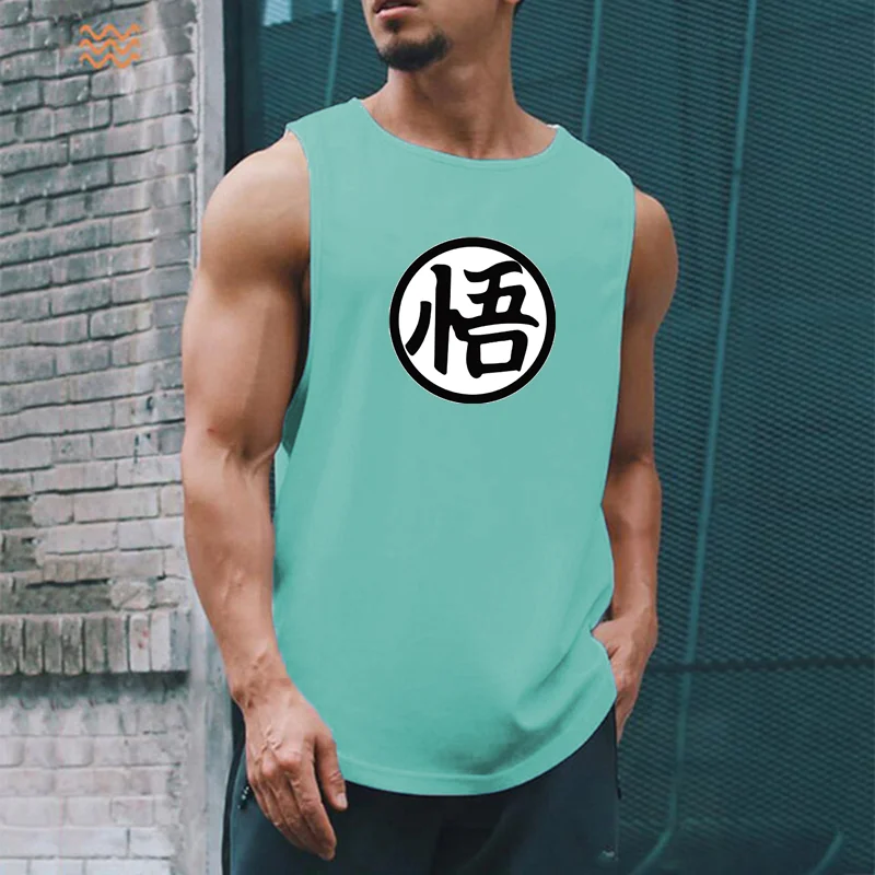 Japanese Anime Logo Wu Font Print Mens Gym Clothing Fitness Singlets Quick Dry Bodybuilding Tank Top Muscle Shirt Sports Vest