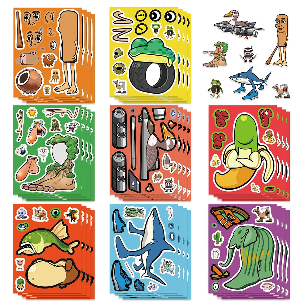 8/16 Blatt abstraktes Tier machen ein Gesicht Puzzle Aufkleber Tung Tung Sahur italienische Brainrot Tiere Aufkleber zusammenbauen Puzzle Spielzeug