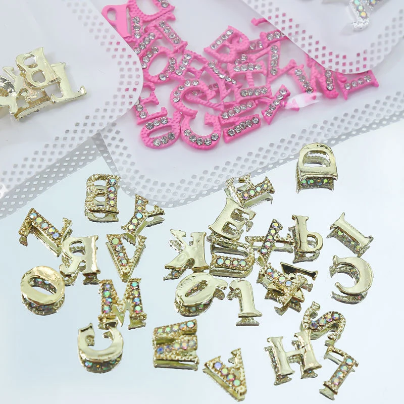 26Pcs Full Glitter Crystal English Letter Nail Charms Alloy Metal Nail Art Decoration Alphabet 3D A-Z Manicure Jewelry